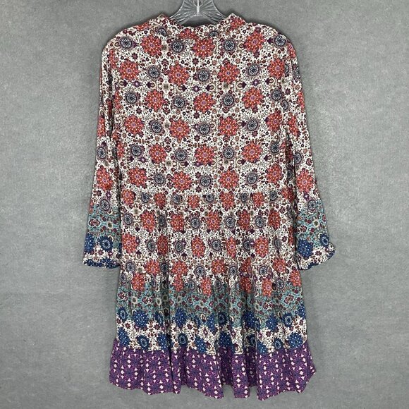 En Creme Dress Women Sz M Floral Colorful Patchwork Tiered Button Up Flowy Boho - Picture 2 of 13
